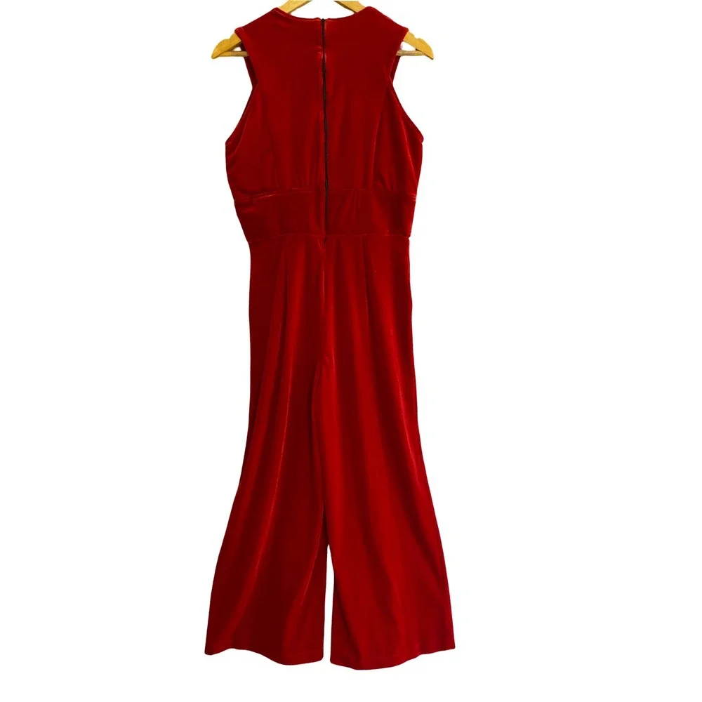 VTG Silverado Womens Red Velvet Studded V-Neck Wide Leg Jumpsuit S Western Glam